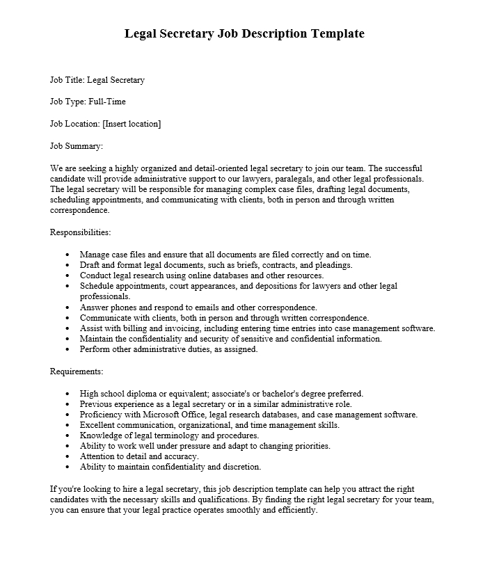 Legal Secretary Job Description Template