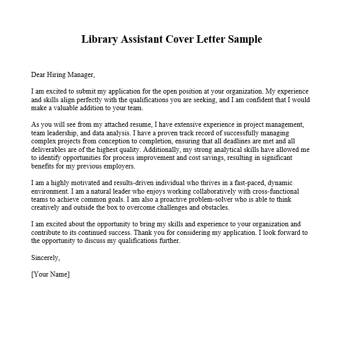 Library Assistant Cover Letter Sample