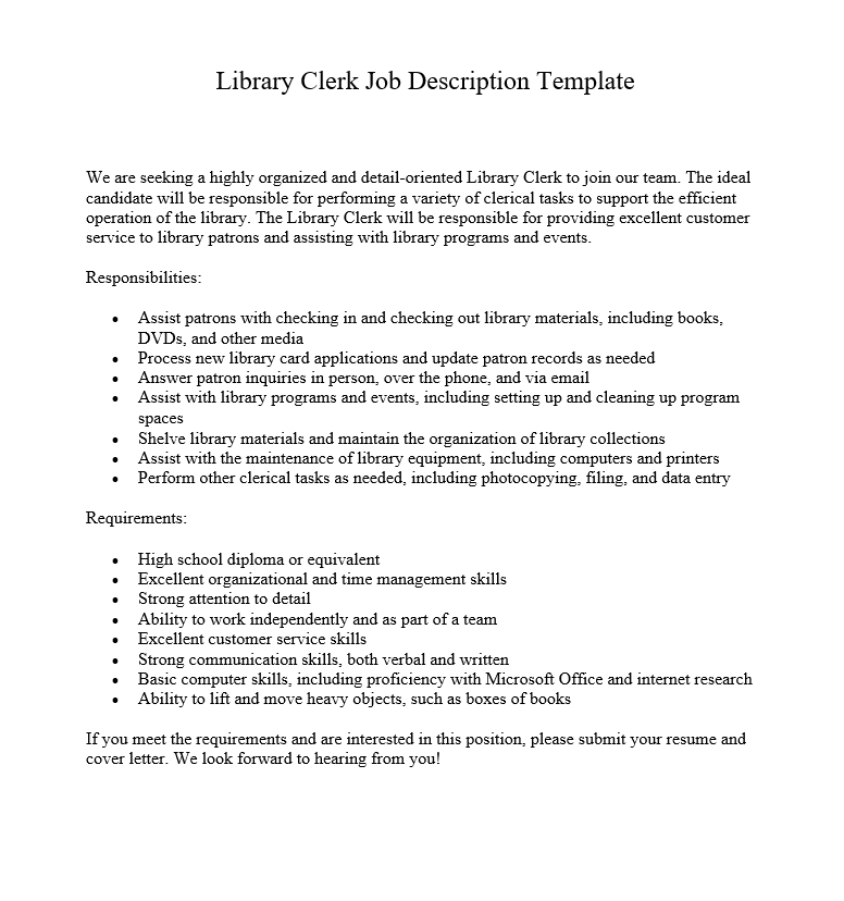 Library Clerk Job Description Template