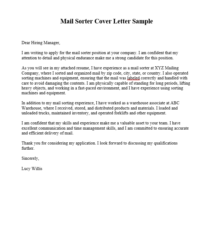 Mail Sorter Cover Letter Sample