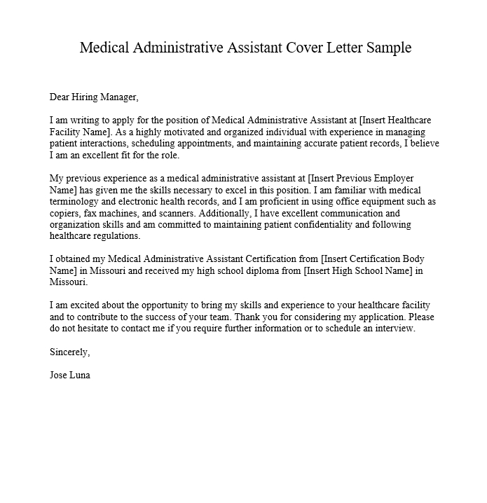 Medical Administrative Assistant Cover Letter Sample
