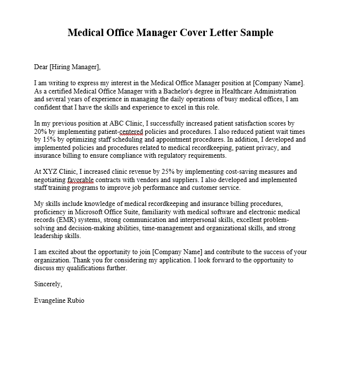 Medical Office Manager Cover Letter Sample