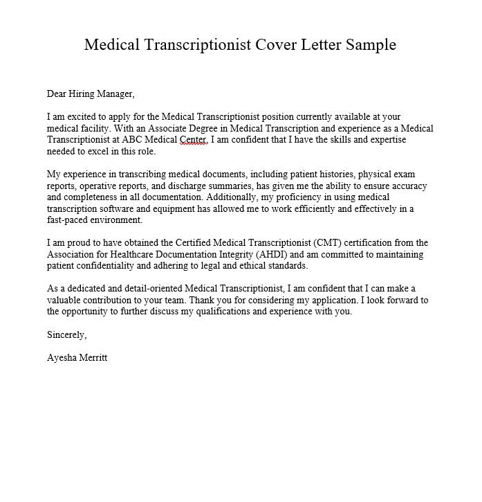 Medical Transcriptionist Cover Letter Sample