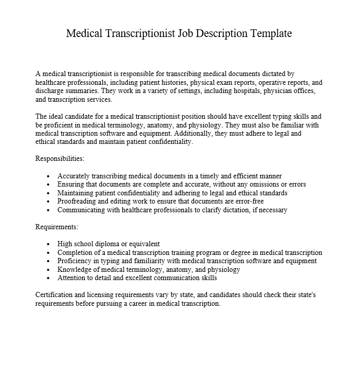 Medical Transcriptionist Job Description Template