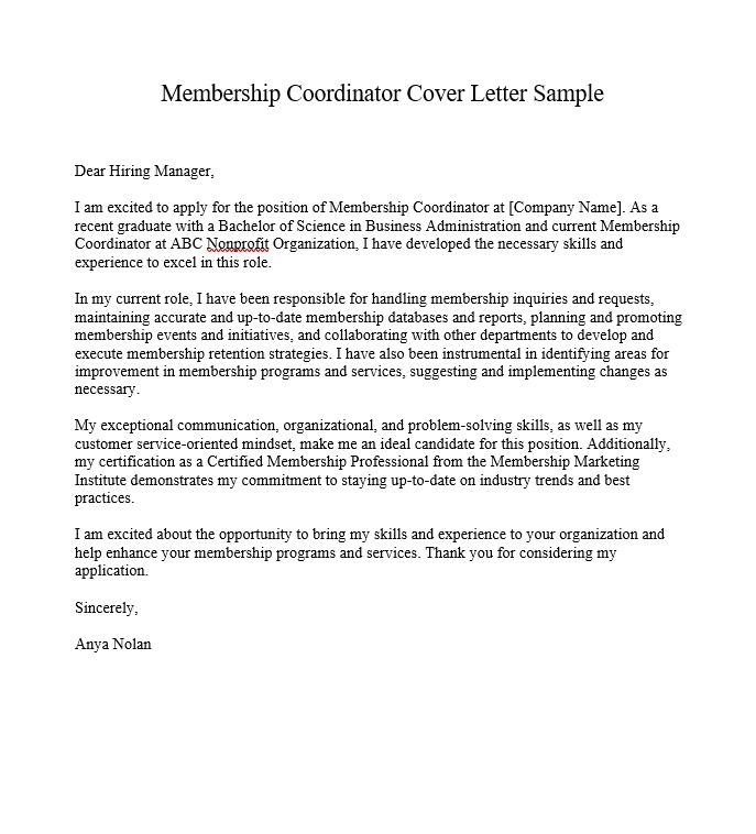 Membership Coordinator Cover Letter Sample