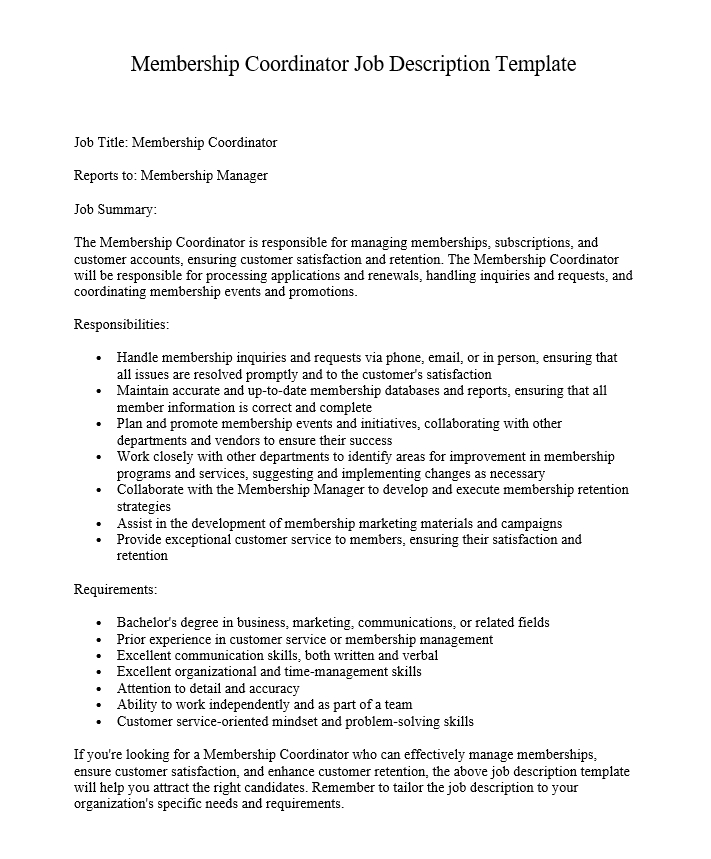 Membership Coordinator Job Description Template