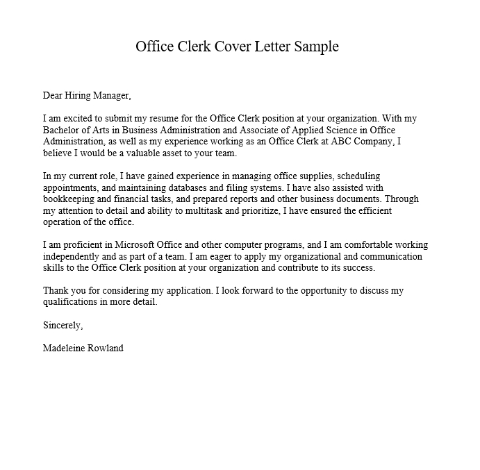 Office Clerk Cover Letter Sample