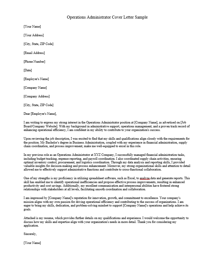 Operations Administrator Cover Letter Sample