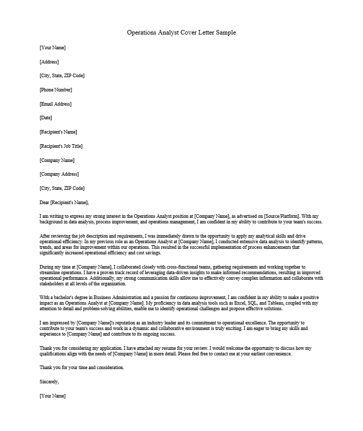 Operations Analyst Cover Letter Sample