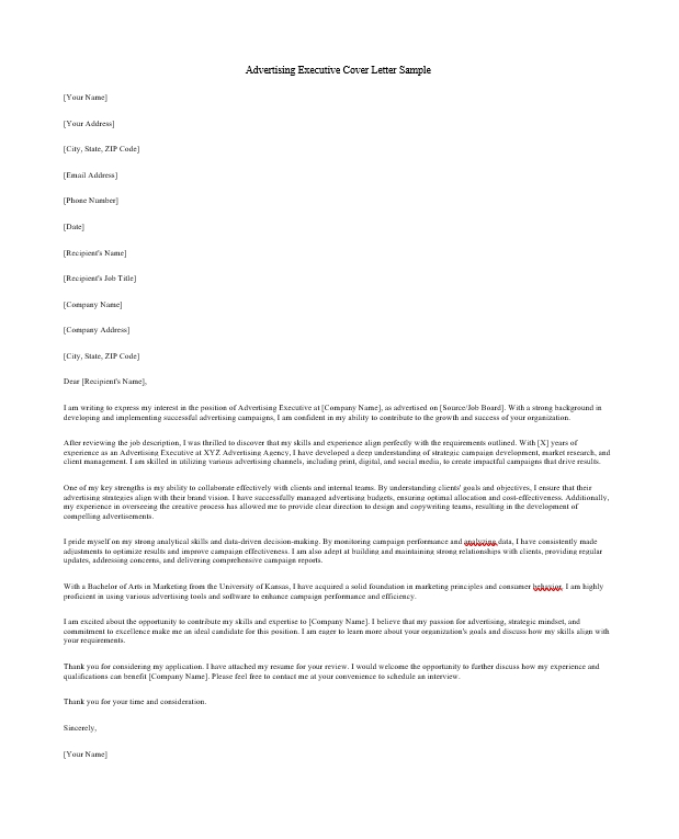 Advertising Executive Cover Letter Sample