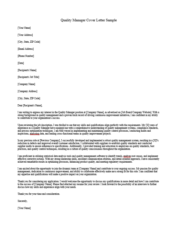 Quality Manager Cover Letter Sample