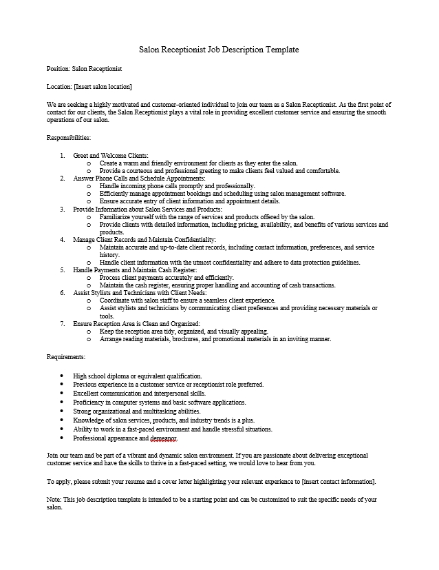 Salon Receptionist Job Description Template