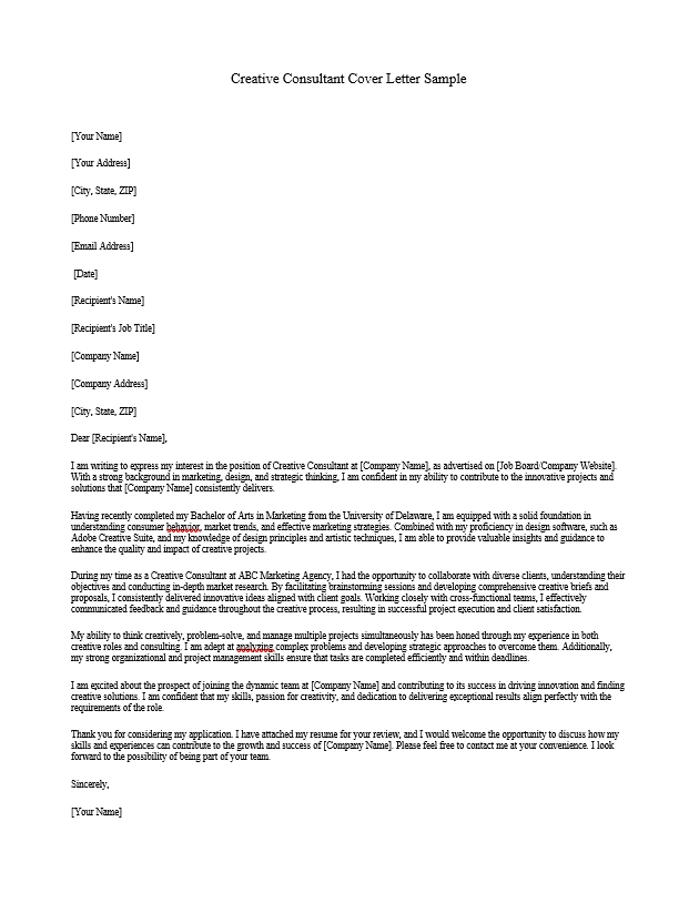 Creative Consultant Cover Letter Sample