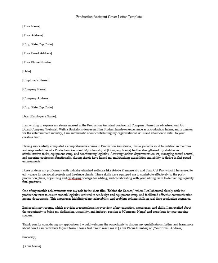 Production Assistant Cover Letter Template